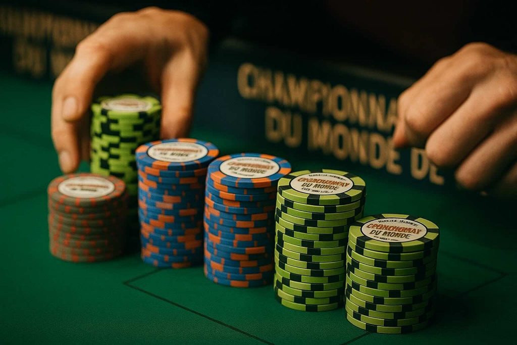 Piles de jetons de poker alignées sur une table verte du Championnat du Monde de Poker