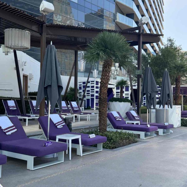 Transats violets alignés près de la piscine du Cosmopolitan.