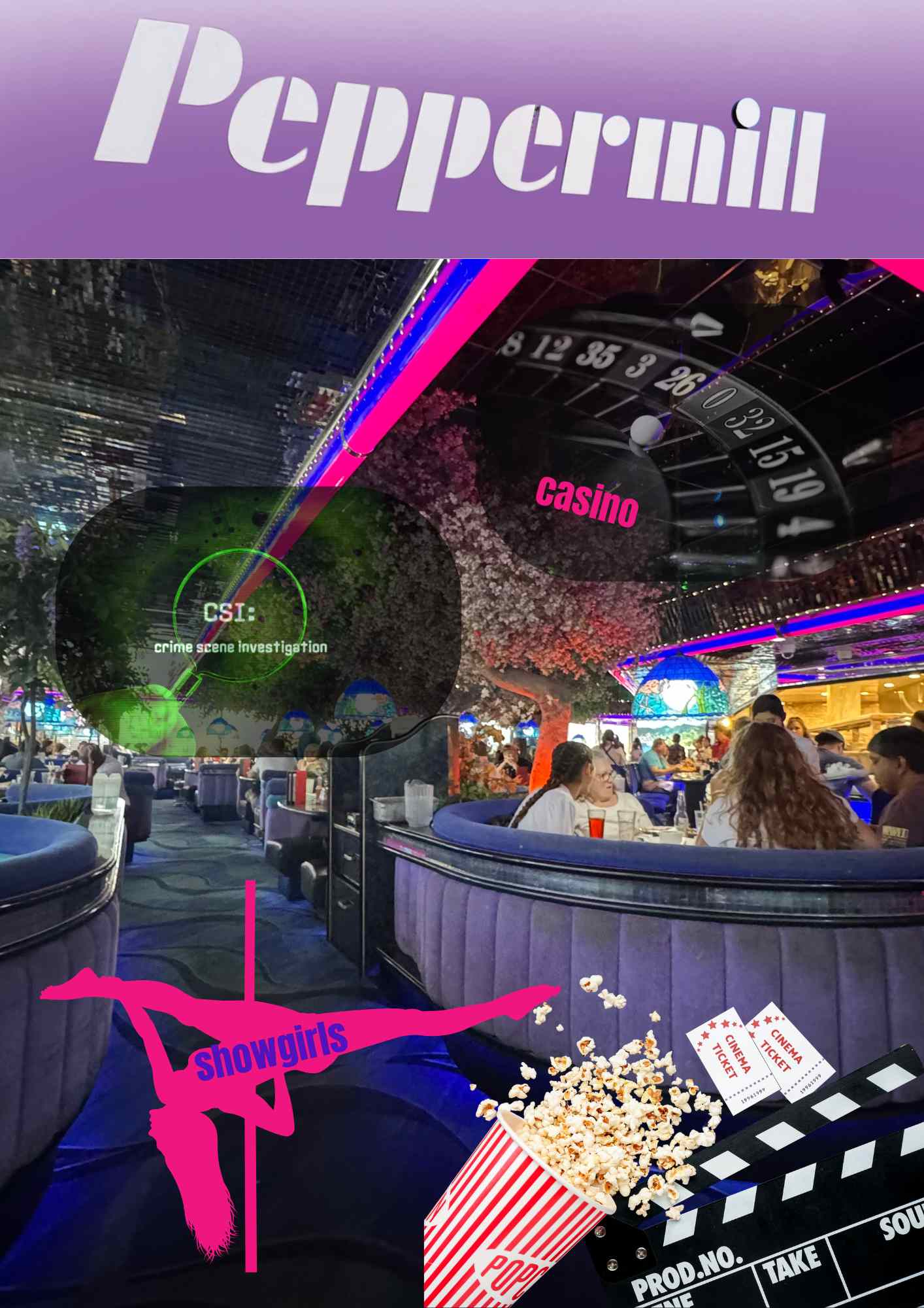 Peppermill Las Vegas – montage ambiance cinéma et casino dans la salle rétro