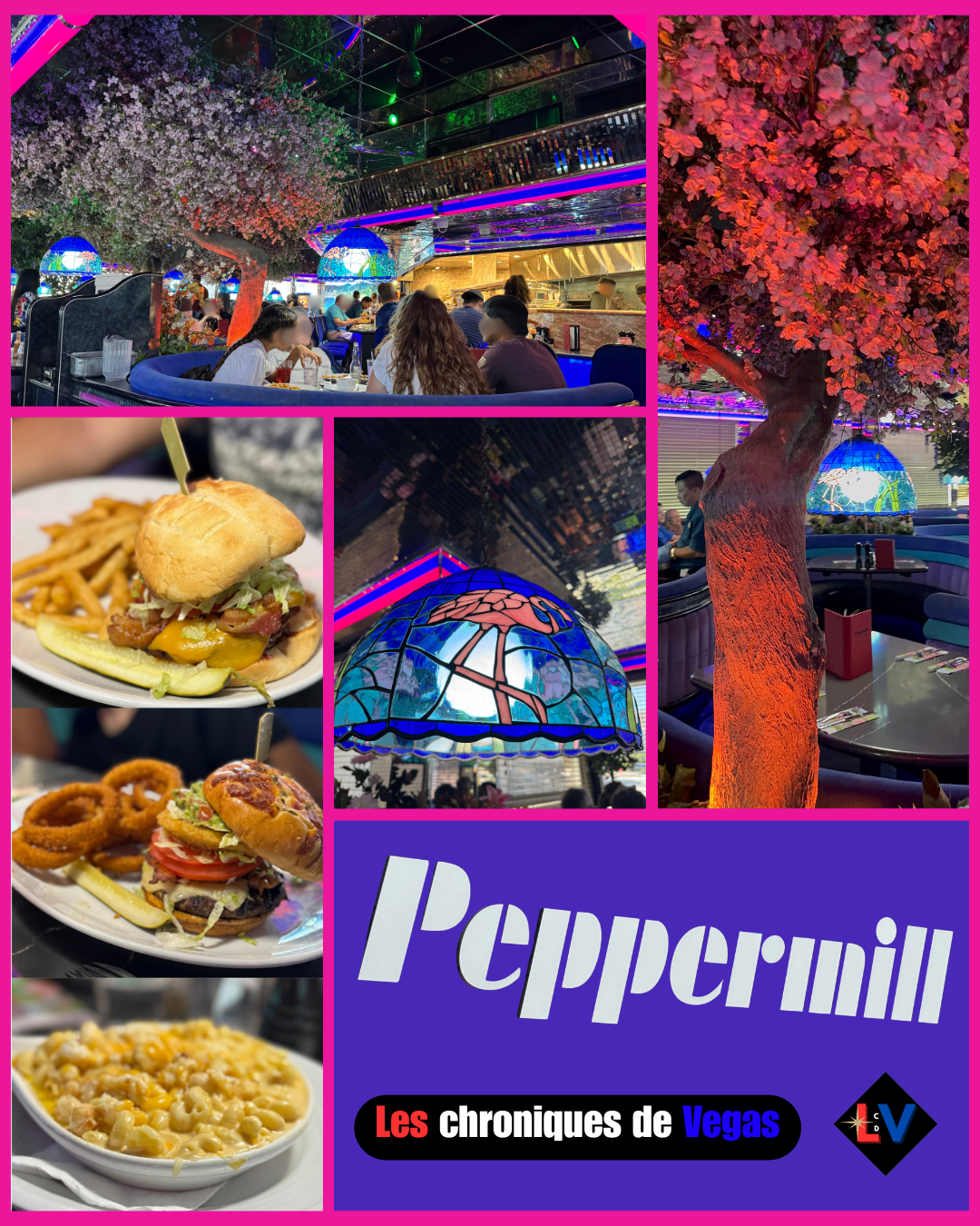 Peppermill Las Vegas – mosaïque photos salle, lampes, burgers et mac and cheese