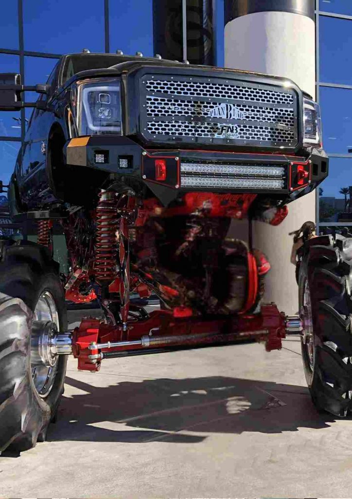 Pick-up noir et rouge à suspension extrême au SEMA Show