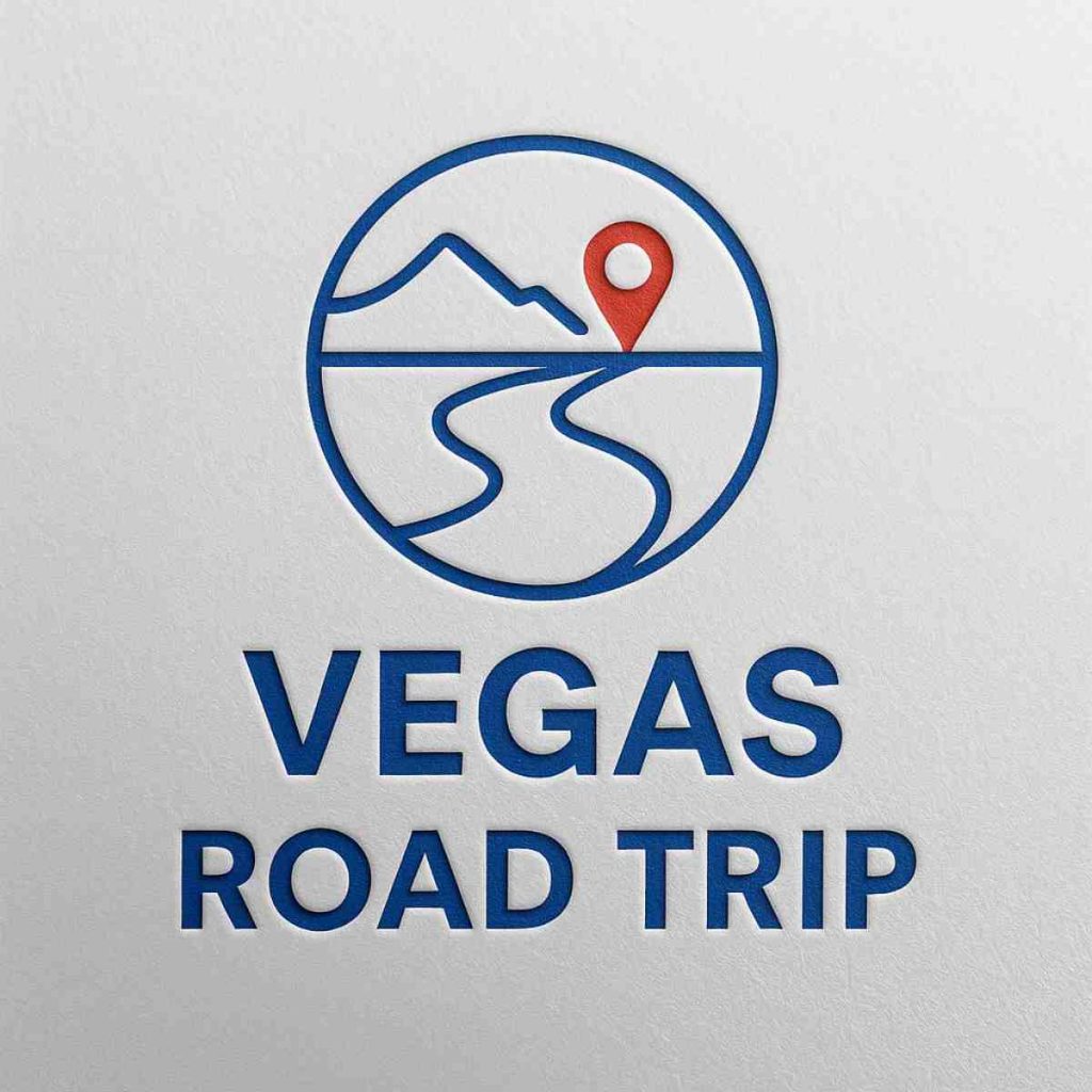 « Vegas Road Trip » montrant une épingle de localisation au-dessus d’un paysage de reliefs traversé par une route sinueuse dans un cercle.