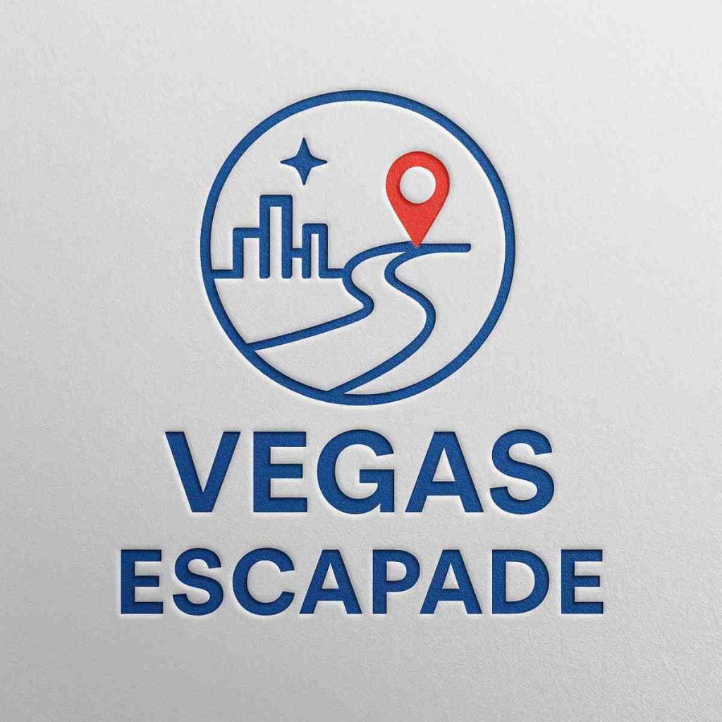 « Vegas Escapade » avec route sinueuse menant vers un paysage urbain stylisé, repère de localisation et étoile dans un cercle.