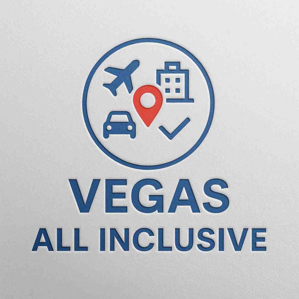 Logo « Vegas All Inclusive » réunissant avion, voiture, bâtiment et coche autour d’une épingle de localisation dans un cercle.