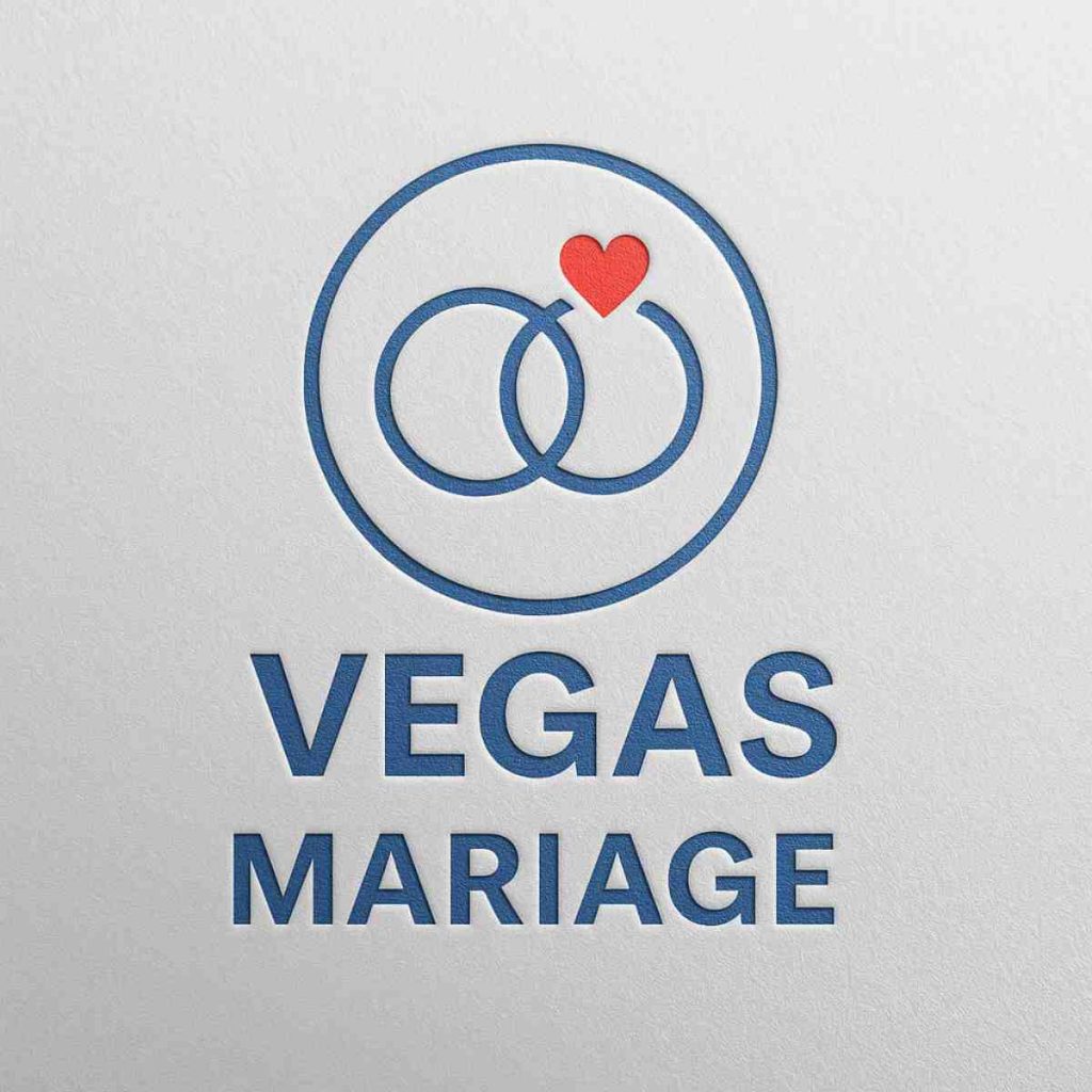 Logo « Vegas Mariage » avec deux anneaux entrelacés surmontés d’un petit cœur dans un cercle.