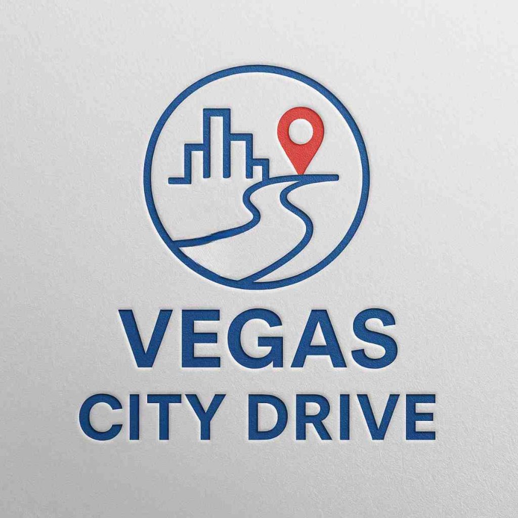 Logo « Vegas City Drive » combinant skyline stylisé, route sinueuse, volant et épingle de localisation dans un cercle.