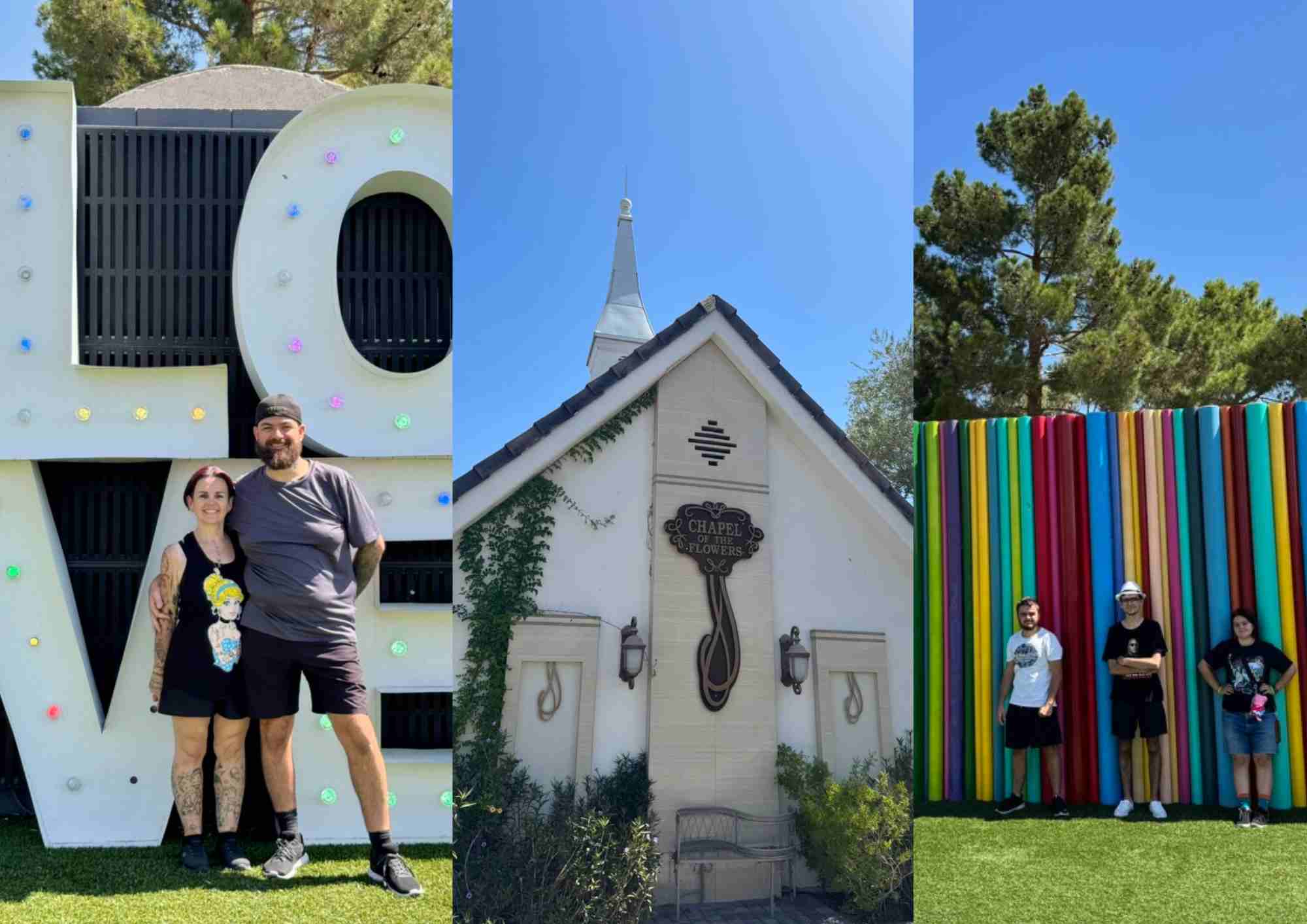 Montage photo à Las Vegas montrant Yo et Cid devant une chapelle de mariage du Downtown, ainsi que des fresques et installations artistiques du Arts District 18b