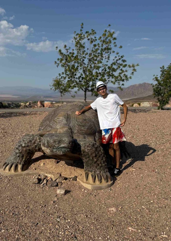 Wyatt posant à côté d’une grande sculpture de tortue sur un terrain de gravier.