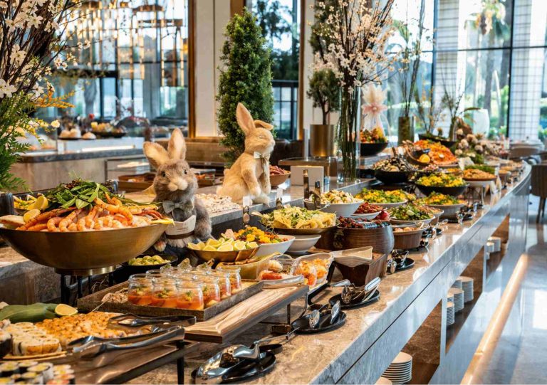 buffet de brunch de Pâques à Las Vegas avec décoration printanière et plats variés